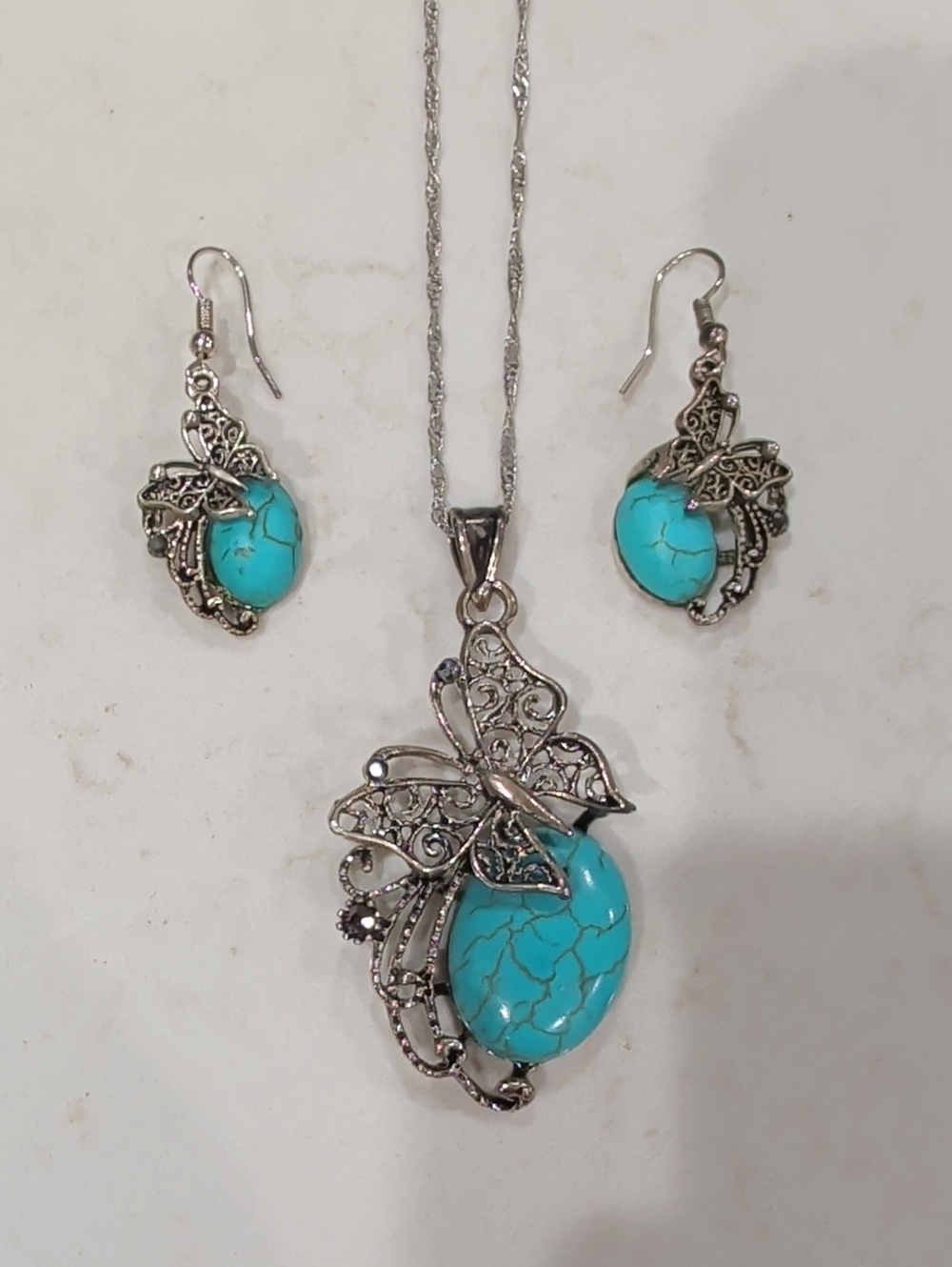 Silver Butterfly Faux Turquoise Pendant Necklace with Matching Earrings